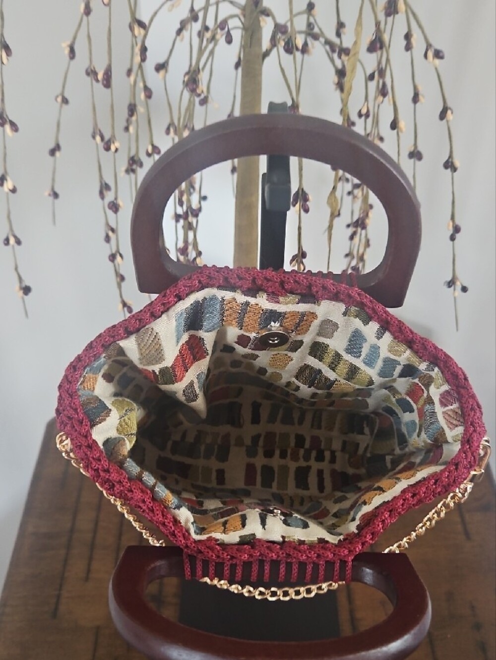 Burgundy Hand Crocheted By Me Mini Bag with Gold Chain Accent - Picture 2 of 4